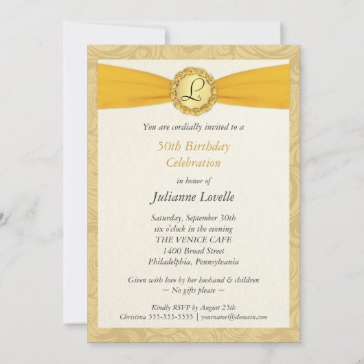 50e verjaardag Foto-uitnodigingen - Gold Damask Kaart (Achterkant)