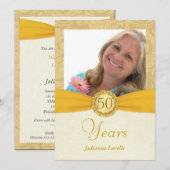 50e verjaardag Foto-uitnodigingen - Gold Damask Kaart (Voorkant / Achterkant)