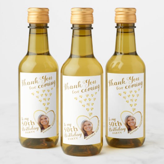 50e verjaardag foto wit en goud dank u wijn etiket (Flessen)