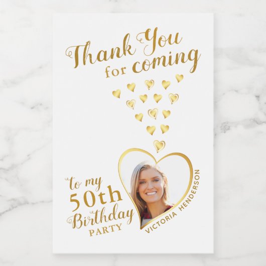 50e verjaardag foto wit en goud dank u wijn etiket (Enkel label)
