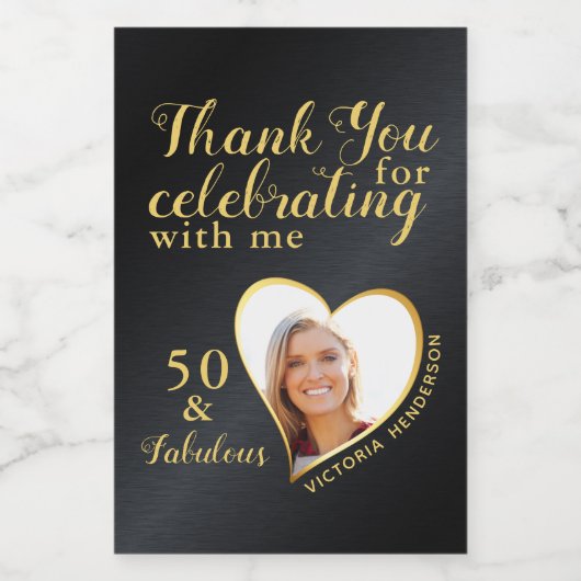 50e verjaardag foto zwart en goud bedankt wijn etiket (Enkel label)