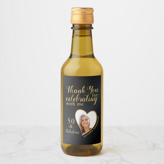 50e verjaardag foto zwart en goud bedankt wijn etiket (Voorkant)
