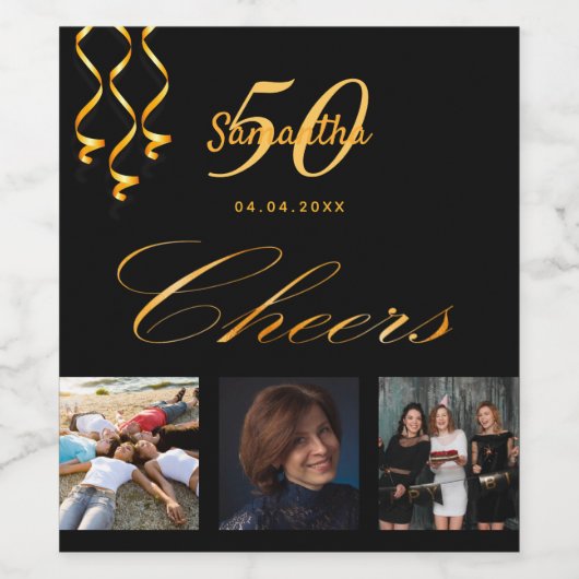 50e verjaardag foto zwart goud juichen script wijn etiket (Enkel label)