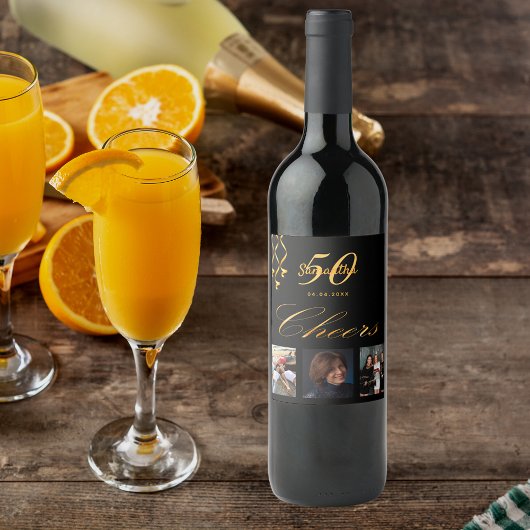 50e verjaardag foto zwart goud juichen script wijn etiket