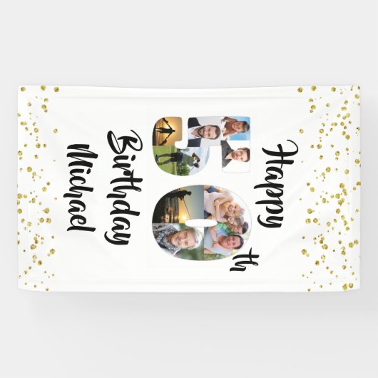 50e verjaardag Fotocollage Nummers Confetti Gold Spandoek (Horizontaal)