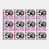 50e verjaardag foto's zwart-wit roze inpakpapier vel (Voorkant 2)