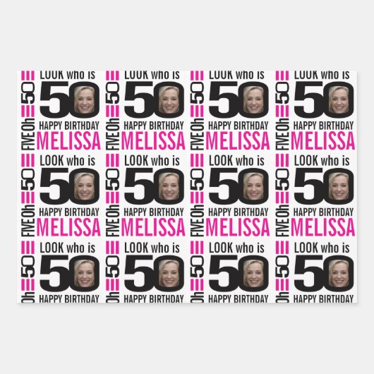 50e verjaardag foto's zwart-wit roze inpakpapier vel (Voorkant 2)
