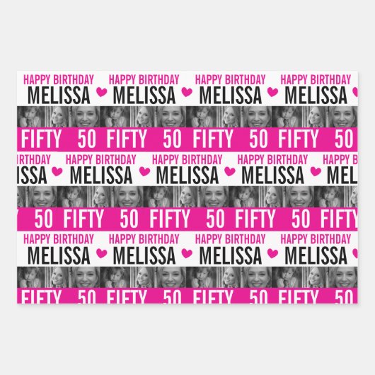50e verjaardag foto's zwart-wit roze inpakpapier vel (Voorkant)