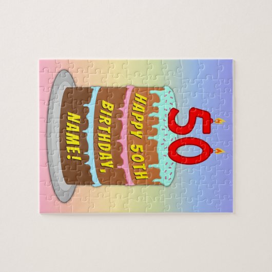50e verjaardag: Fun Cake and Candles + Custom Name Legpuzzel (Horizontaal)