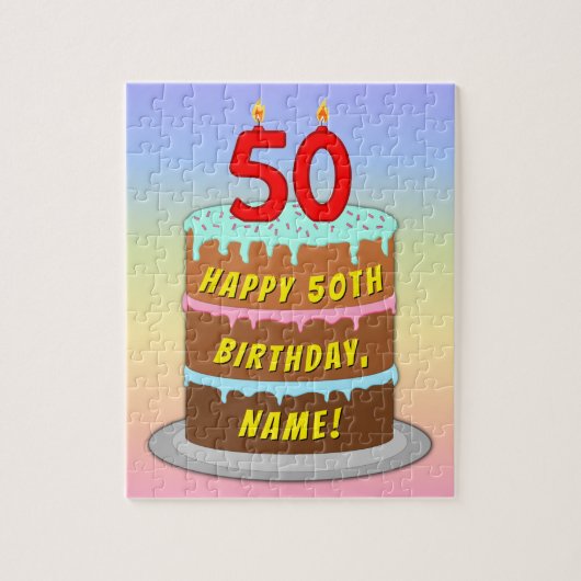 50e verjaardag: Fun Cake and Candles + Custom Name Legpuzzel (Verticaal)
