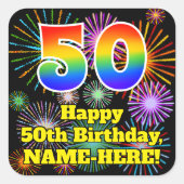 50e verjaardag: Fun Fireworks Kijk, regenboog # 50 Vierkante Sticker (Voorkant)