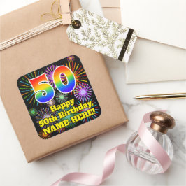50e verjaardag: Fun Fireworks Kijk, regenboog # 50 Vierkante Sticker