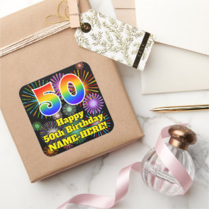 50e verjaardag: Fun Fireworks Kijk, regenboog # 50 Vierkante Sticker