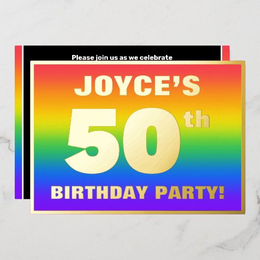 50e verjaardag: Fun, kleurrijk regenboogpatroon Folie Uitnodiging (Voorkant / Achterkant)