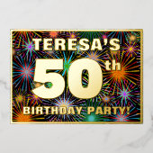 50e verjaardag — Fun, kleurrijke Fireworks look Folie Uitnodiging (Voorkant)