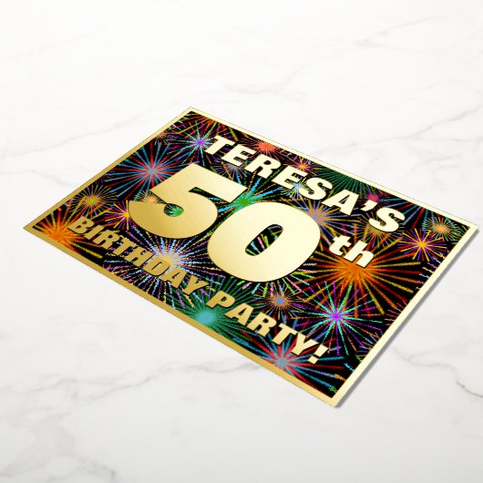 50e verjaardag — Fun, kleurrijke Fireworks look Folie Uitnodiging (Gedraaid)