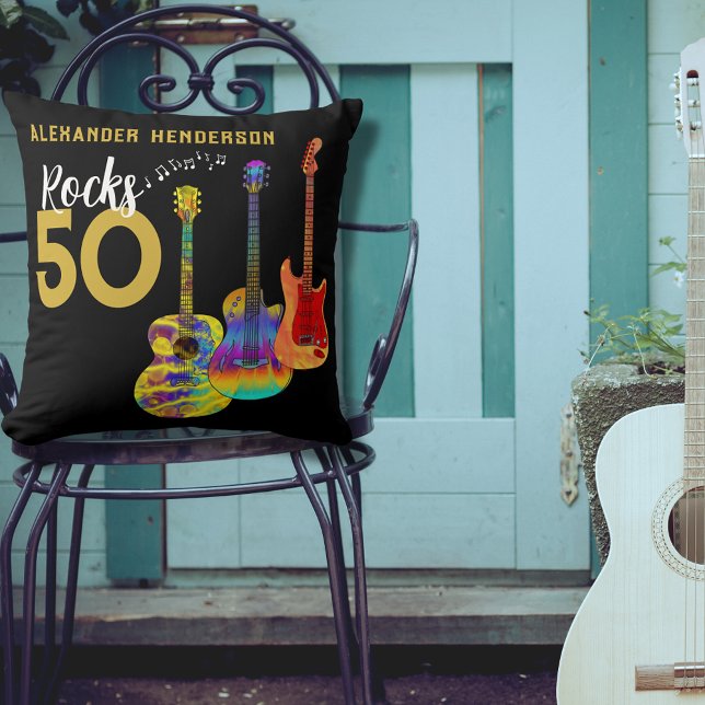 50e verjaardag Funky gitaarmuziek voor hem Kussen (Custom Rocks 50 cool funky guitar black and gold 50th  birthday pillow)