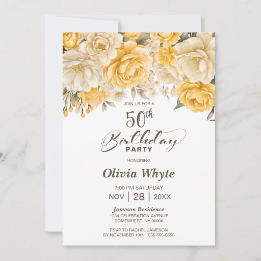 50e verjaardag Geel Rose Bloemenfeest Kaart (Voorkant)