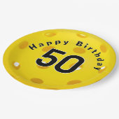50e verjaardag gele pickleball papieren bordje (Gekanteld)