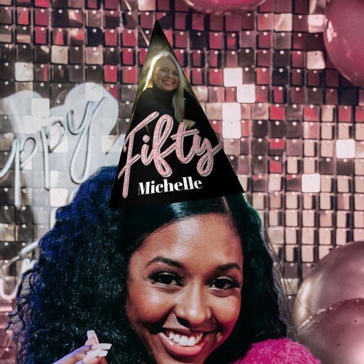 50e verjaardag gepersonaliseerde foto glitter roze feesthoedjes