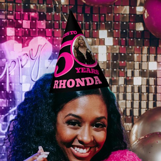 50e verjaardag gepersonaliseerde foto roze zwart feesthoedjes