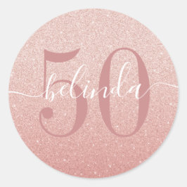 50e Verjaardag Girly Roos Gold Blush Pink Monogram Ronde Sticker
