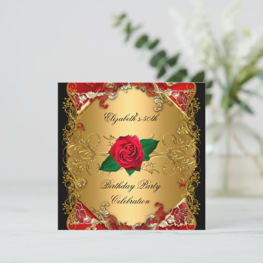 50e verjaardag Gold Black Red Roses Kaart (Staand voorkant)