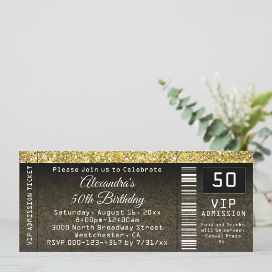 50e verjaardag Gold/Black Ticket uitnodiging (Staand voorkant)