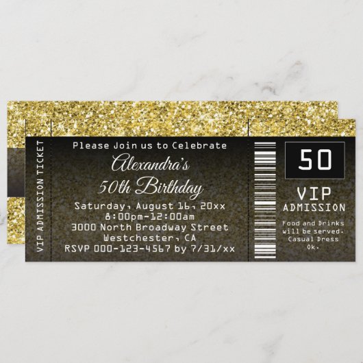 50e verjaardag Gold/Black Ticket uitnodiging (Voorkant / Achterkant)