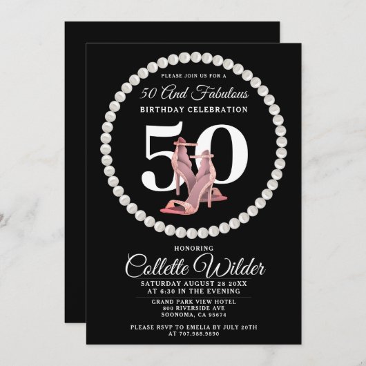 50e verjaardag Gold Black Uitnodiging (Voorkant / Achterkant)