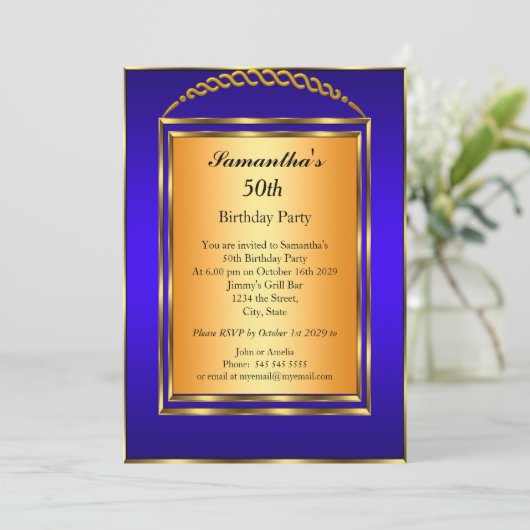 50e verjaardag Gold Blue Elegant Modern Kaart (Staand voorkant)