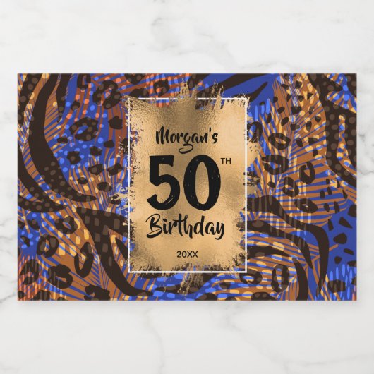 50e verjaardag Gold Blue Leopard Print Mini Likeurfles Etiket (Enkel label)