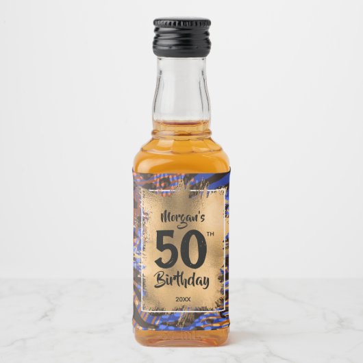 50e verjaardag Gold Blue Leopard Print Mini Likeurfles Etiket (Voorkant)
