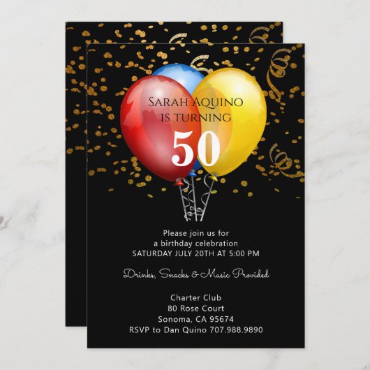 50e verjaardag Gold Confetti & ballonnen op zwart Kaart (Voorkant / Achterkant)