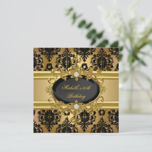 50e verjaardag Gold Damask Black 2 Kaart (Staand voorkant)