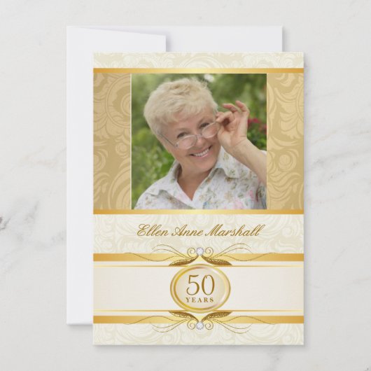 50e verjaardag - Gold Damask foto-uitnodiging Kaart (Voorkant)