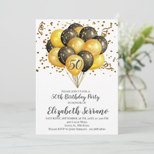 50e verjaardag Gold- en zwarte ballonnen op wit Kaart (Staand voorkant)