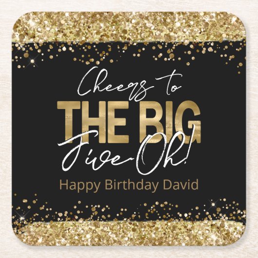 50e verjaardag Gold en zwarte Big Five-Oh Square P Kartonnen Onderzetters (Voorkant)