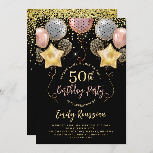 50e verjaardag Gold Glitter Confetti Balloons Blac Kaart (Voorkant / Achterkant)