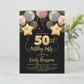 50e verjaardag Gold Glitter Confetti Balloons Blac Kaart (Staand voorkant)