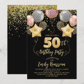 50e verjaardag Gold Glitter Confetti Balloons Blac Kaart (Voorkant / Achterkant)