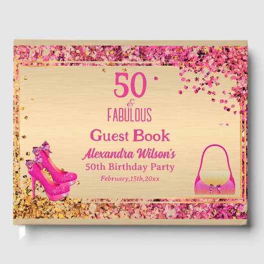 50e Verjaardag Gold Hot Pink High Heels Glittery Gastenboek (Voorkant)