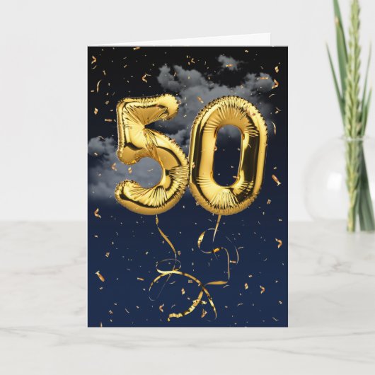 50e verjaardag Gold Mylar ballon en Confetti Card Kaart (Voorkant)