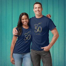 50e verjaardag Gold Script Blue T-shirt