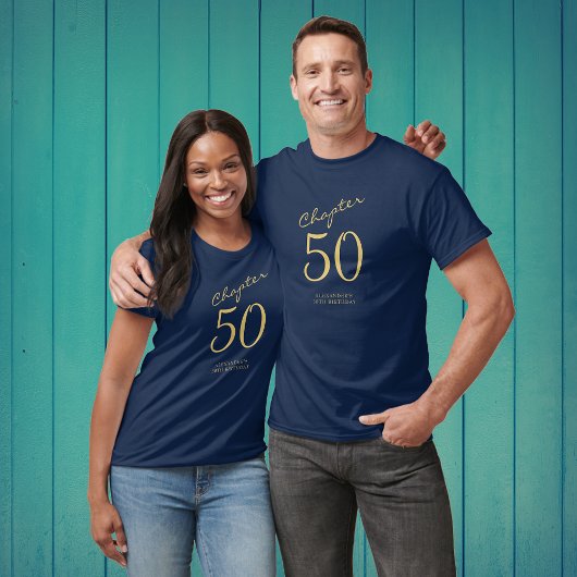 50e verjaardag Gold Script Blue T-shirt