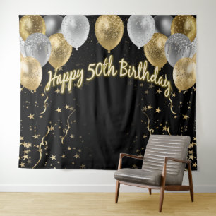 50e verjaardag Gold Silver Black ballonnen Wandkleed