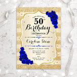 50e verjaardag - Gold Stripes Royal Blue Rozen Kaart<br><div class="desc">50e uitnodiging van de verjaardag. Elegant design in goud en koninklijk blauw. Met faux glitter Gold stripes,  sapphire rozen,  stijlvol script font en confetti. Ideaal voor een glam verjaardagsfeestje.</div>