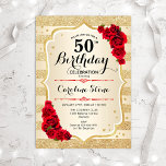 50e verjaardag - Gold Stripes Rozen Uitnodiging<br><div class="desc">50e uitnodiging van de verjaardag. Elegant design in goud en rood. Met faux glitter Gold strepen,  rode rozen,  stijlvol script font and confetti. Ideaal voor een glam verjaardagsfeestje.</div>