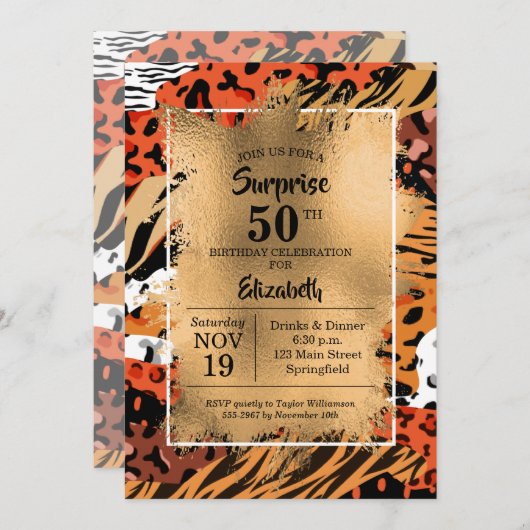 50e verjaardag Gold Wild Animal Print Invitations (Voorkant / Achterkant)