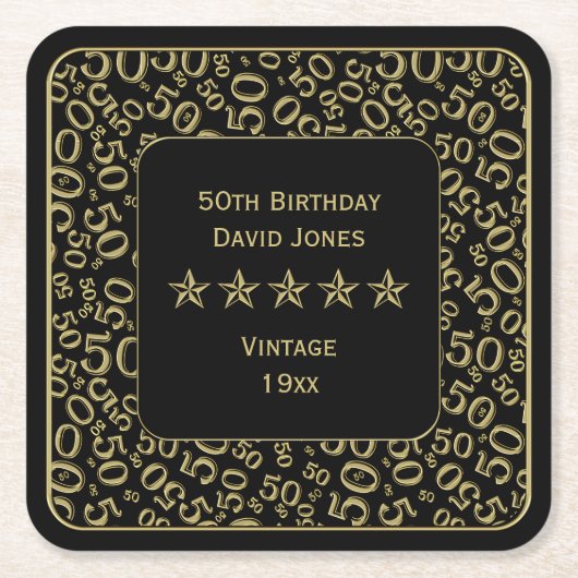 50e verjaardag Gold/zwart Patroon Kartonnen Onderzetters (Voorkant)